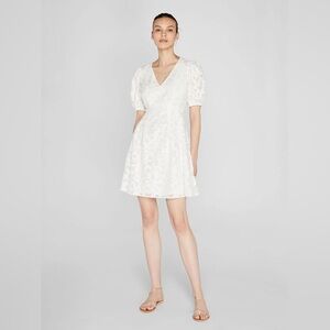 Club Monaco Textured Puff Sleeve V-Neck White Dress Size 10